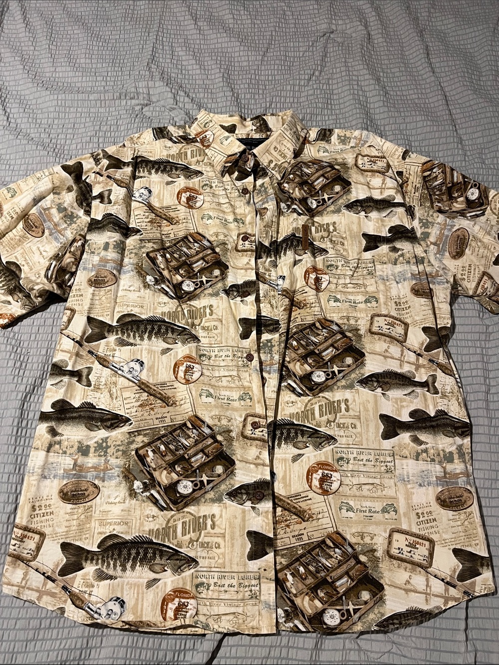 North River Fishing Shirt Bass Print Button Front Outdoor Angler Cotton Shirt